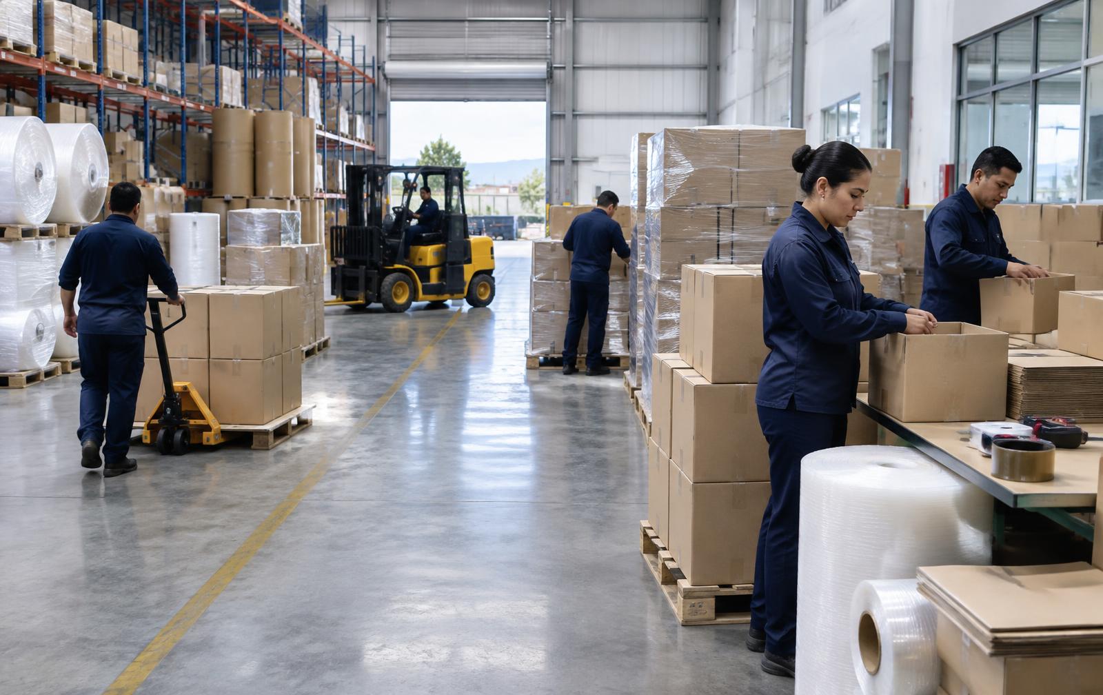 Equipo preparando soluciones de empaque en un centro de distribución